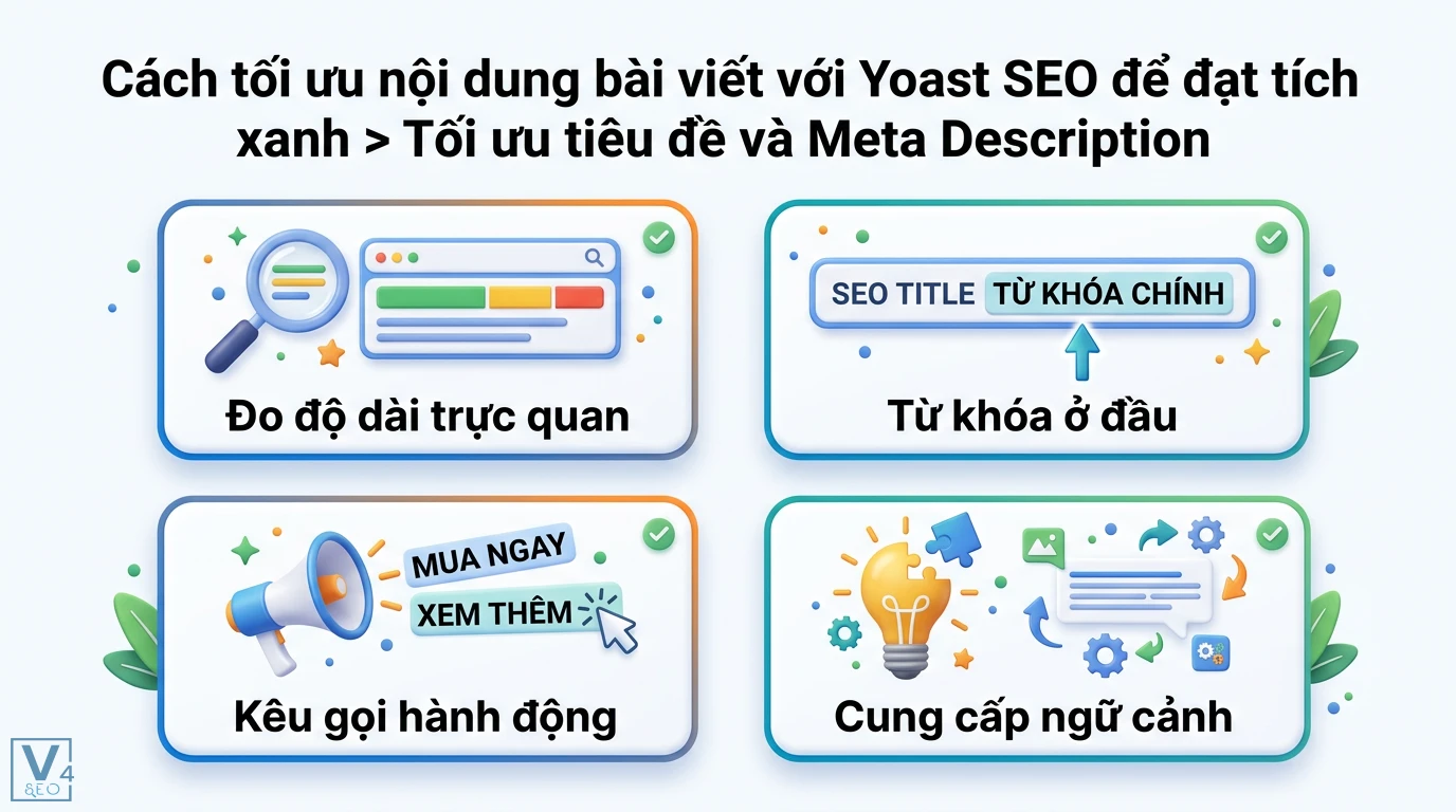 Cách sử dụng Yoast SEO để tối ưu nội dung cho WordPress 2026 2 Tối ưu tiêu đề và Meta Description bằng cách đo độ dài trực quan, đặt từ khóa chính ở đầu và tạo lời kêu gọi hành động để cung cấp ngữ cảnh