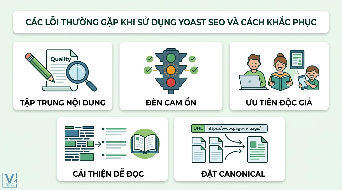 Cách sử dụng Yoast SEO để tối ưu nội dung cho WordPress 2026 3 Khắc phục lỗi Yoast SEO qua việc tập trung nội dung, chấp nhận đèn cam, ưu tiên độc giả, cải thiện tính dễ đọc và thiết lập thẻ Canonical