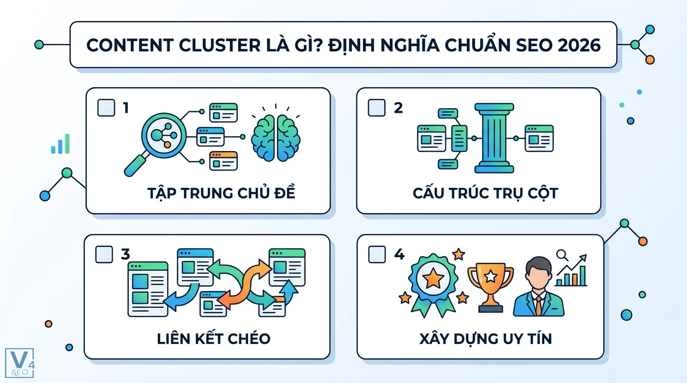 Cách tạo Content Cluster tối ưu SEO: Hướng dẫn A-Z & AI tự động 1 Content cluster chuẩn SEO 2026 gồm tập trung chủ đề, cấu trúc trụ cột, liên kết nội bộ chéo giúp xây dựng uy tín và thẩm quyền chủ đề