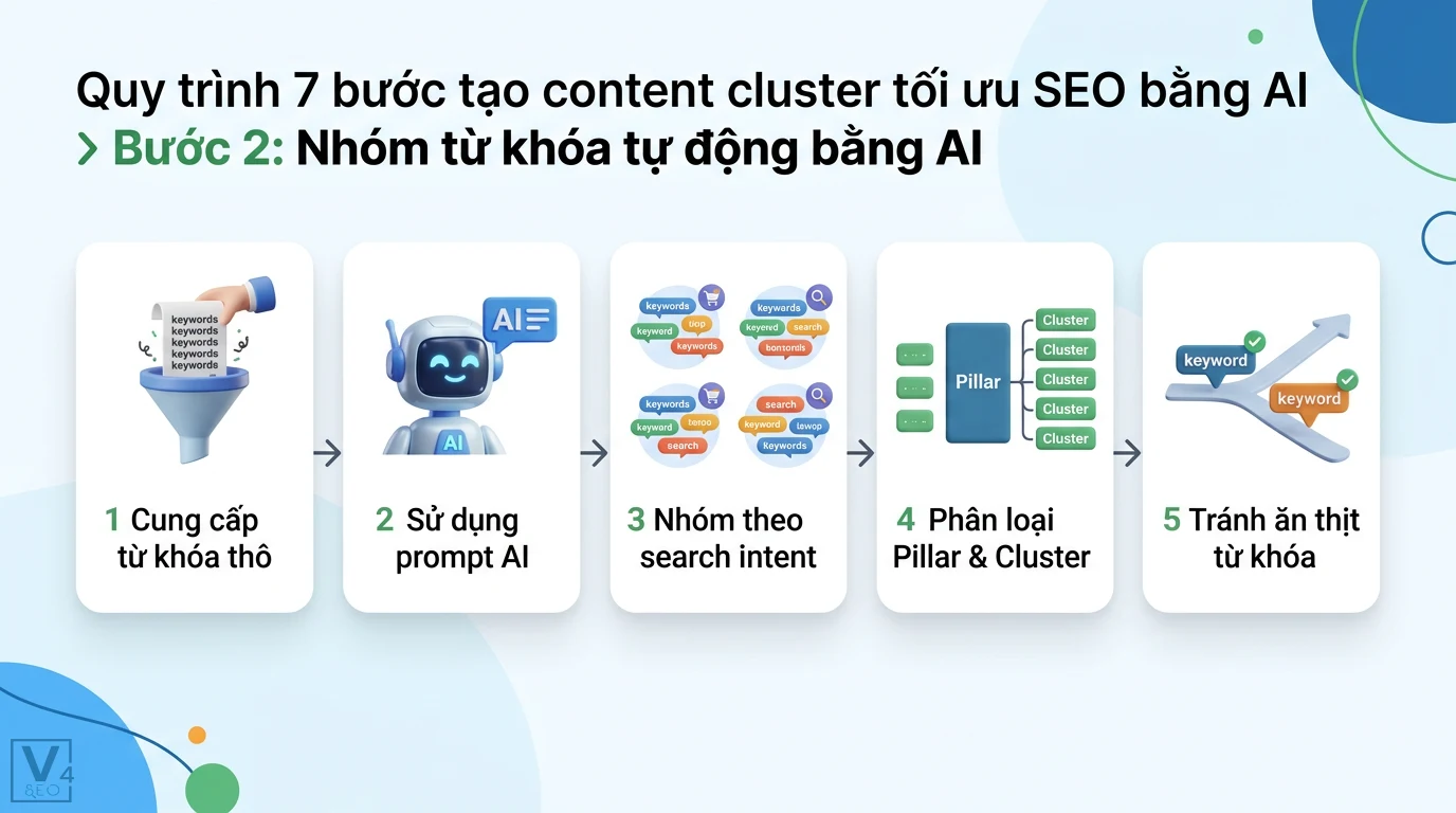 Cách tạo Content Cluster tối ưu SEO: Hướng dẫn A-Z & AI tự động 2 Sử dụng AI nhóm từ khóa tự động từ dữ liệu thô đến phân loại Pillar Cluster theo search intent giúp tối ưu SEO và tránh ăn thịt từ khóa