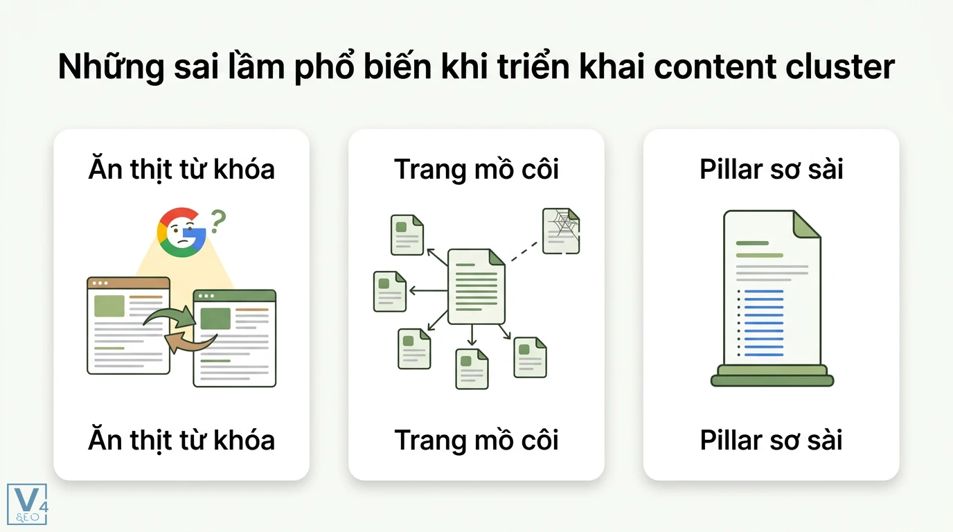 Cách tạo Content Cluster tối ưu SEO: Hướng dẫn A-Z & AI tự động 3 Sai lầm khi triển khai content cluster gồm ăn thịt từ khóa, tạo trang mồ côi thiếu liên kết và xây dựng pillar page quá mỏng sơ sài