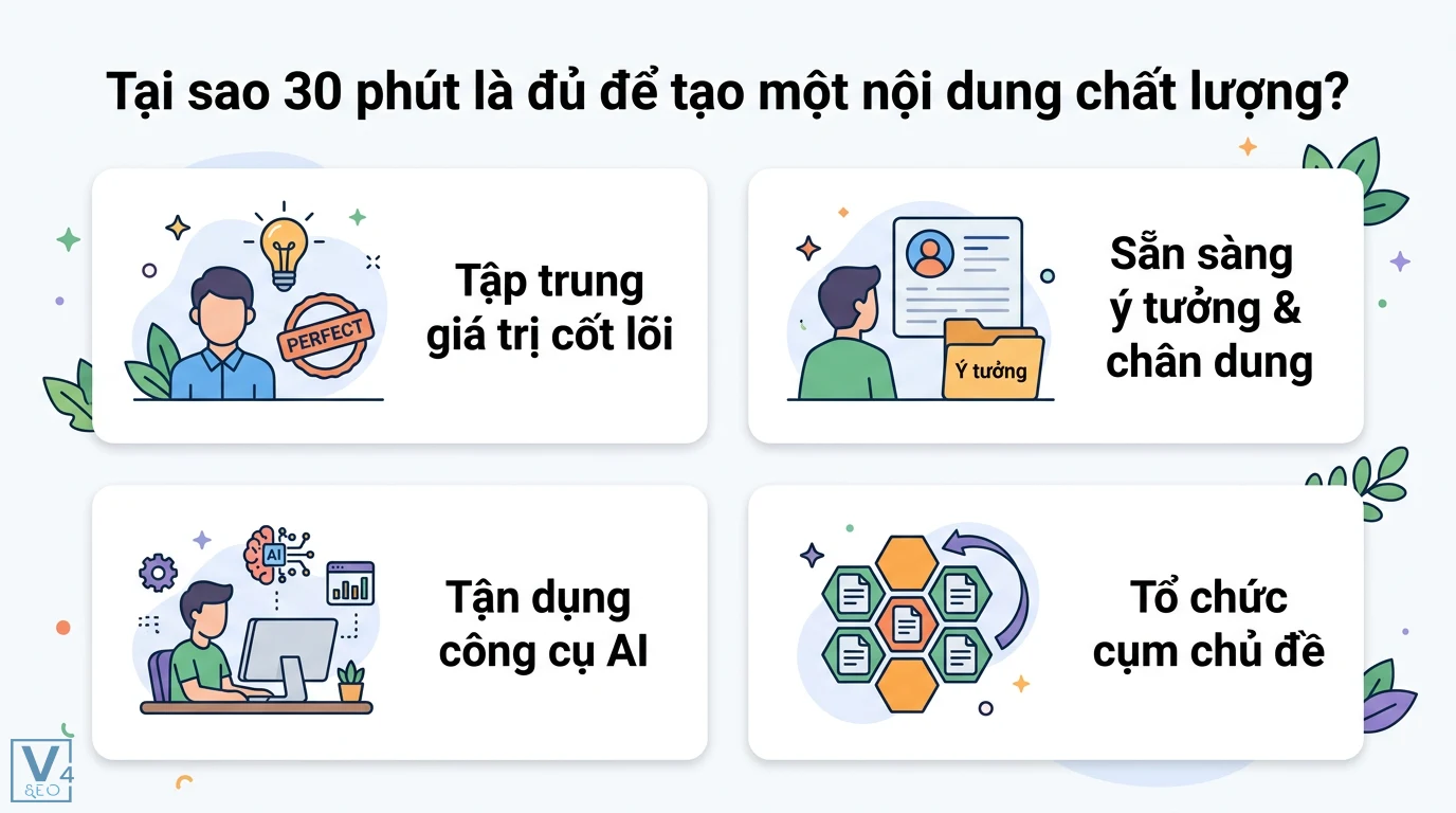 Cách tạo nội dung hấp dẫn trong vòng 30 phút với quy trình 4 bước 1 Tạo nội dung chất lượng trong 30 phút thông qua tập trung giá trị cốt lõi, chuẩn bị ý tưởng, tận dụng AI và tổ chức cụm chủ đề SEO