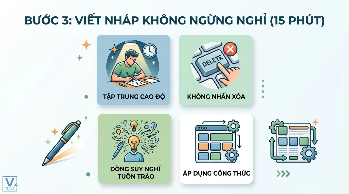 Cách tạo nội dung hấp dẫn trong vòng 30 phút với quy trình 4 bước 2 Viết nháp không ngừng nghỉ 15 phút yêu cầu tập trung cao độ, không nhấn xóa, để dòng suy nghĩ tuôn trào và áp dụng các công thức content