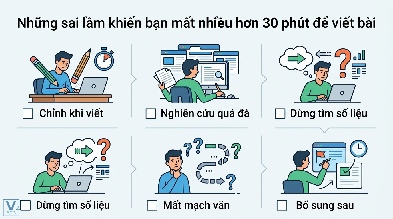 Cách tạo nội dung hấp dẫn trong vòng 30 phút với quy trình 4 bước 3 Sai lầm khiến viết bài mất hơn 30 phút gồm vừa viết vừa chỉnh sửa, nghiên cứu quá đà, dừng lại tìm số liệu gây mất mạch văn và chậm tiến độ