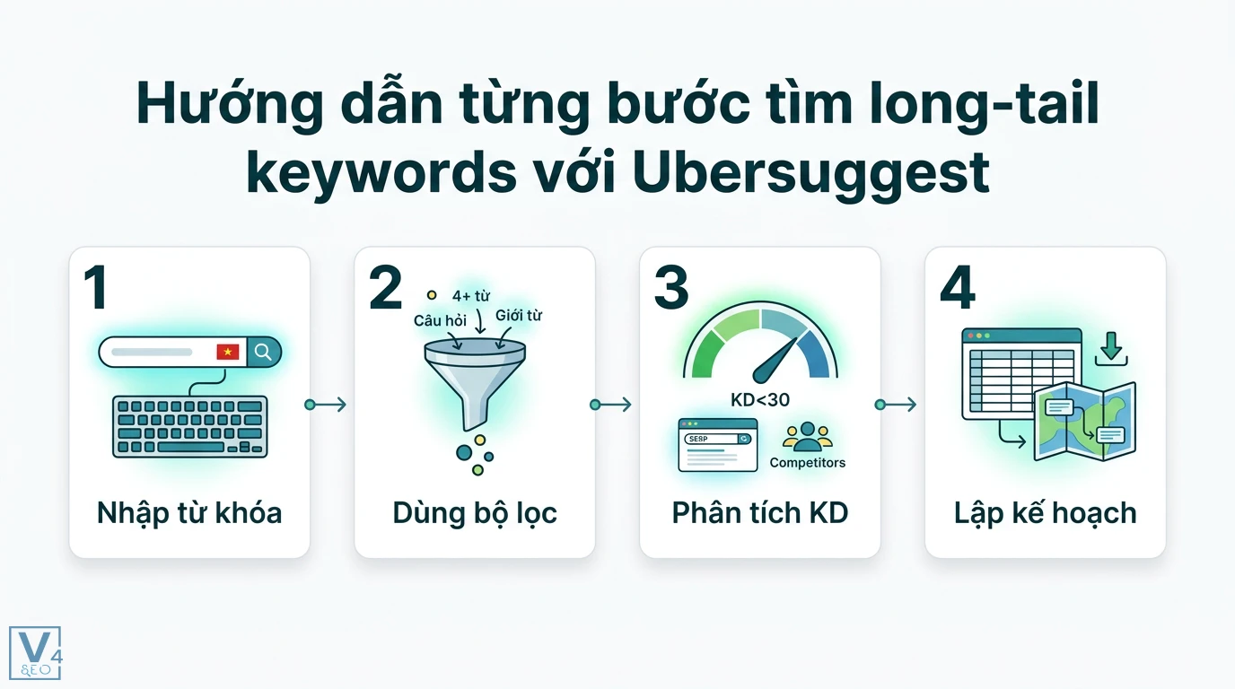 Cách tạo nội dung theo từ khóa dài Long-tail với Ubersuggest 1 Quy trình tìm long-tail keywords trên Ubersuggest gồm nhập từ khóa, dùng bộ lọc, phân tích KD dưới 30 và lập kế hoạch nội dung cho website