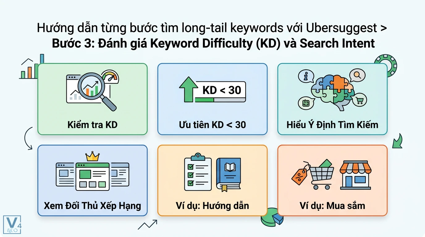 Cách tạo nội dung theo từ khóa dài Long-tail với Ubersuggest 2 Đánh giá Keyword Difficulty KD dưới 30 và Search Intent trên Ubersuggest qua việc xem đối thủ cùng ví dụ về ý định hướng dẫn và mua sắm