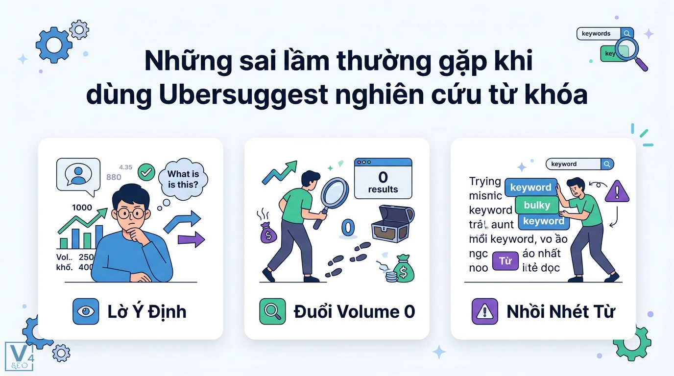 Cách tạo nội dung theo từ khóa dài Long-tail với Ubersuggest 3 Sai lầm khi dùng Ubersuggest nghiên cứu từ khóa gồm lờ ý định tìm kiếm, theo đuổi volume 0 và nhồi nhét từ ngữ làm giảm hiệu quả SEO