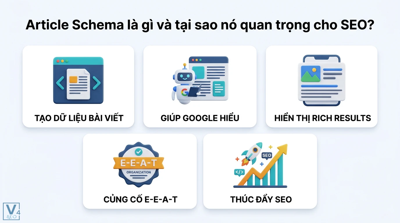 Cách thêm Article Schema cho bài blog qua Plugin và mã JSON-LD 1 Article Schema giúp tạo dữ liệu bài viết để Google hiểu nội dung, hiển thị Rich Results, củng cố E-E-A-T và thúc đẩy tăng trưởng SEO website