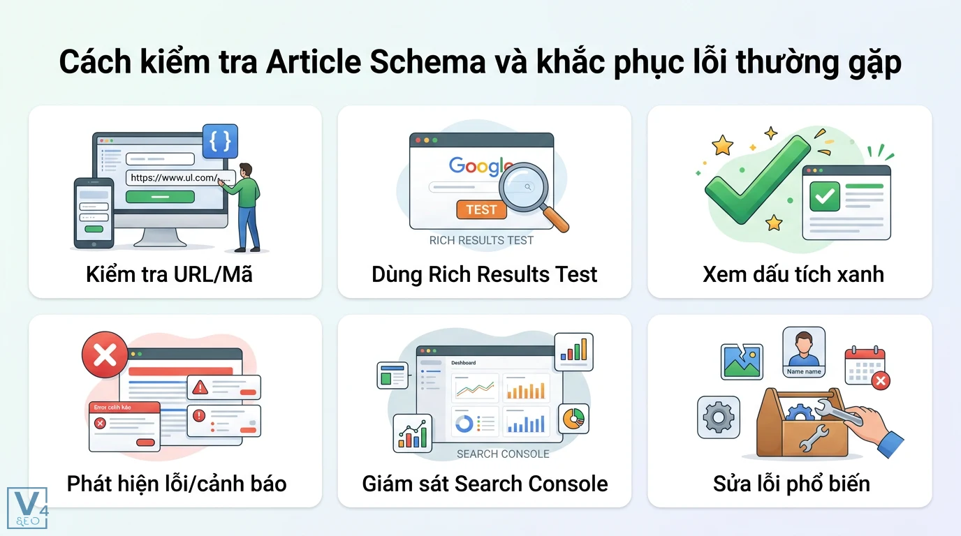 Cách thêm Article Schema cho bài blog qua Plugin và mã JSON-LD 3 Xác thực Article Schema bằng Rich Results Test để nhận dấu tích xanh và dùng Search Console khắc phục các lỗi dữ liệu có cấu trúc bài viết