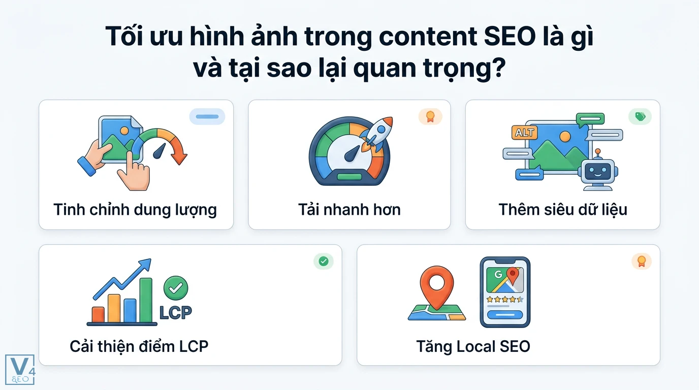 Tối ưu hình ảnh Content SEO 2026: Nâng cao LCP với WebP & AI 1 Tinh chỉnh dung lượng và siêu dữ liệu thẻ ALT giúp tải nhanh hơn để cải thiện điểm LCP và tăng hiệu quả Local SEO