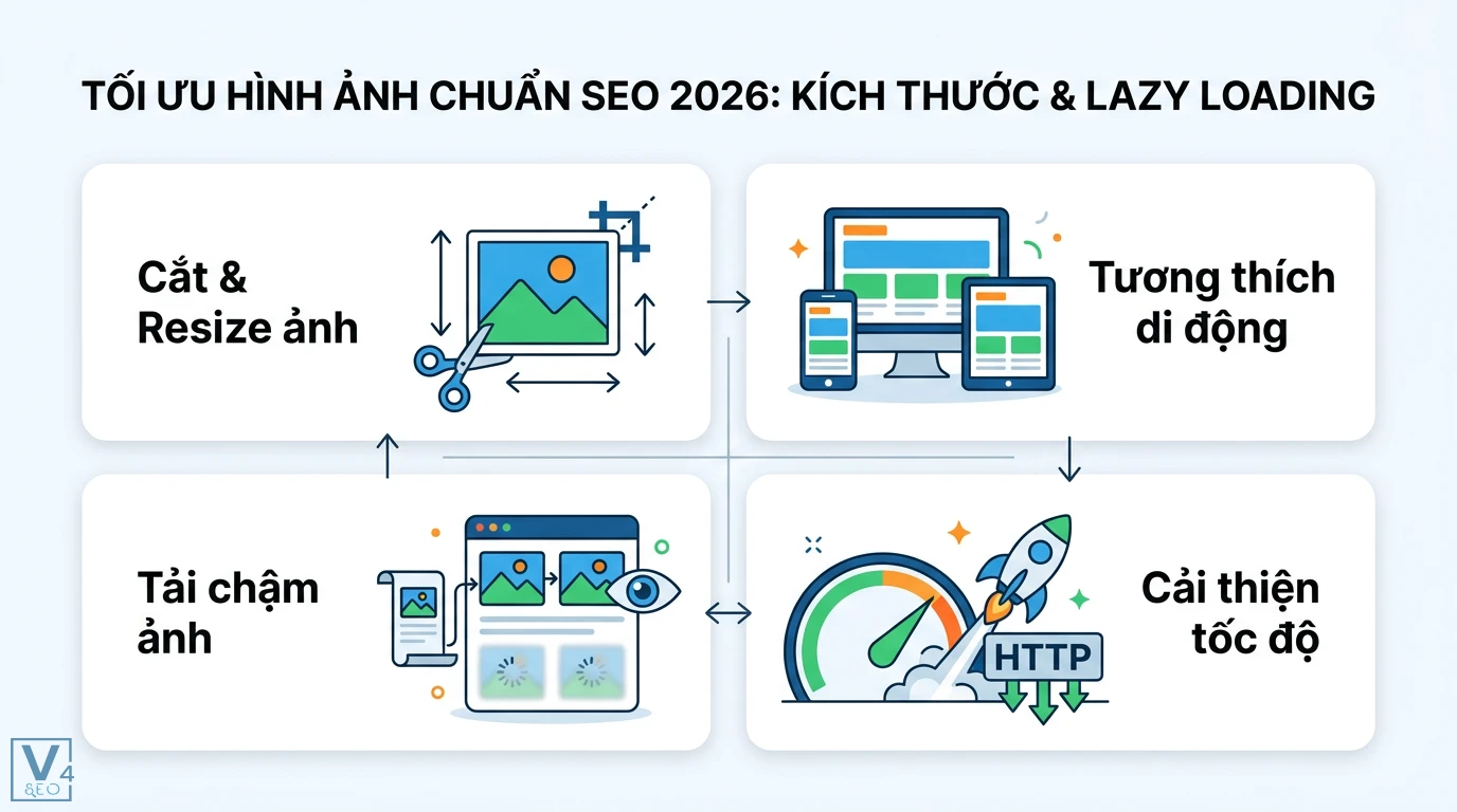 Tối ưu hình ảnh Content SEO 2026: Nâng cao LCP với WebP & AI 2 Thiết lập kích thước ảnh, triển khai lazy loading và tương thích di động giúp cải thiện tốc độ tải trang cùng chỉ số LCP chuẩn SEO 2026