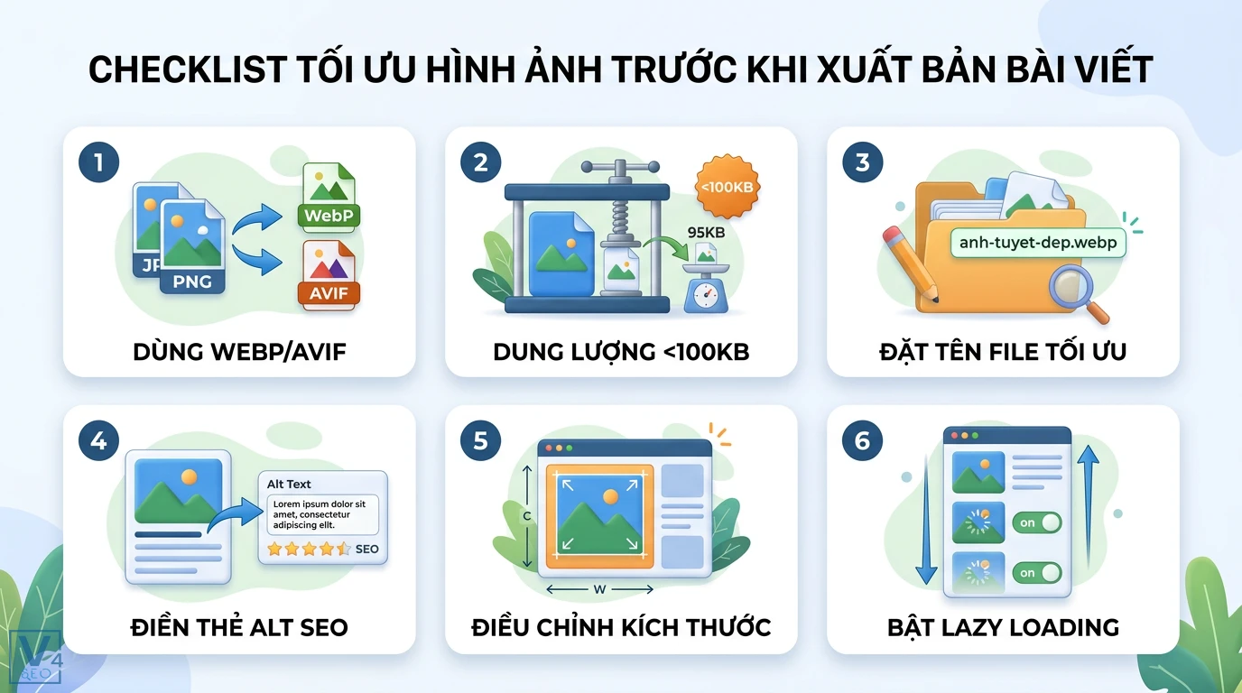 Tối ưu hình ảnh Content SEO 2026: Nâng cao LCP với WebP & AI 3 Checklist tối ưu hóa tệp tin WebP AVIF nén dung lượng dưới 100KB đặt tên chuẩn điền thẻ Alt và kích hoạt Lazy Loading giúp tăng tốc độ tải trang