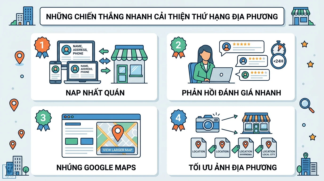 Cách tối ưu hóa nội dung cho tìm kiếm địa phương (Local SEO) 2026 1 Cải thiện thứ hạng địa phương qua NAP nhất quán, phản hồi đánh giá dưới 24h, nhúng Google Maps và tối ưu ảnh thực tế gắn từ khóa địa danh