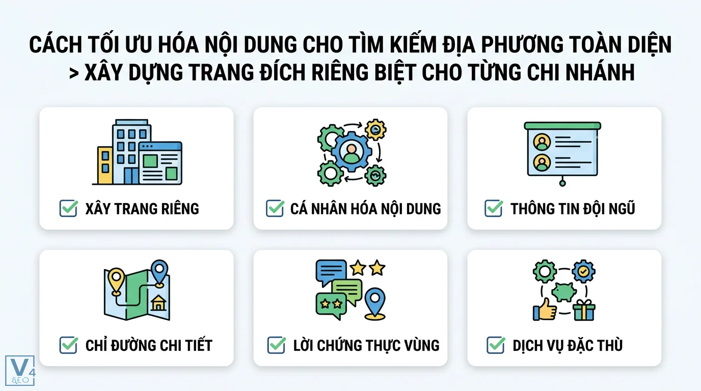 Cách tối ưu hóa nội dung cho tìm kiếm địa phương (Local SEO) 2026 2 Xây dựng trang đích riêng biệt cho chi nhánh với nội dung cá nhân hóa, thông tin đội ngũ, chỉ đường chi tiết và lời chứng thực tại địa phương