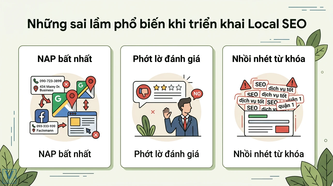 Cách tối ưu hóa nội dung cho tìm kiếm địa phương (Local SEO) 2026 3 Sai lầm Local SEO phổ biến gồm NAP bất nhất, phớt lờ đánh giá và nhồi nhét từ khóa gây ảnh hưởng tiêu cực đến thứ hạng tìm kiếm doanh nghiệp
