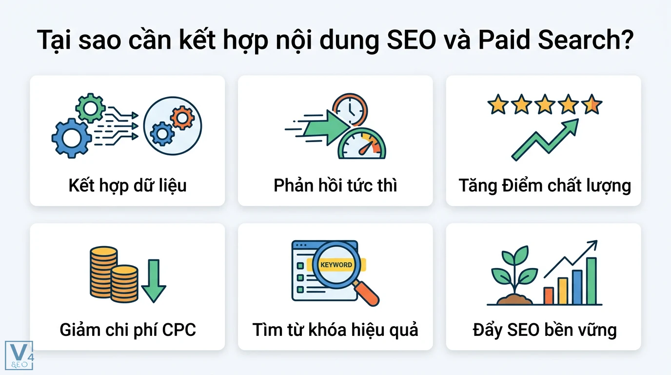 Cách tối ưu nội dung SEO cho chiến lược Paid Search từ dữ liệu Ads 1 Kết hợp nội dung SEO và Paid Search giúp tối ưu dữ liệu tăng điểm chất lượng giảm chi phí CPC và tìm từ khóa hiệu quả để đẩy SEO bền vững
