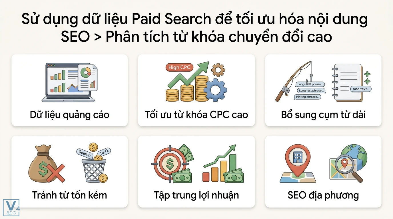 Cách tối ưu nội dung SEO cho chiến lược Paid Search từ dữ liệu Ads 2 Phân tích từ khóa chuyển đổi cao từ dữ liệu Paid Search để tối ưu hóa nội dung SEO, bổ sung cụm từ dài và nâng cao hiệu quả SEO địa phương
