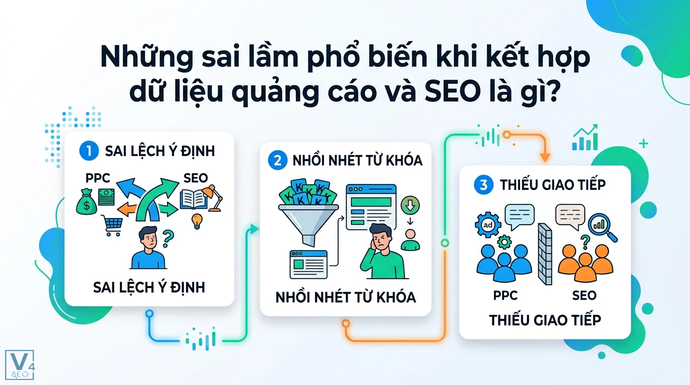 Cách tối ưu nội dung SEO cho chiến lược Paid Search từ dữ liệu Ads 3 Sai lầm khi kết hợp dữ liệu quảng cáo và SEO gồm sai lệch ý định tìm kiếm, nhồi nhét từ khóa và thiếu giao tiếp giữa đội ngũ PPC và SEO