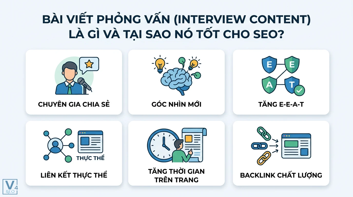 Cách Viết Bài Phỏng Vấn (Interview) SEO: Nâng Tầm E-E-A-T & Rich Snippets 1 Lợi ích của bài viết phỏng vấn giúp tăng E-E-A-T, liên kết thực thể, tăng thời gian trên trang và thu hút backlink chất lượng từ chuyên gia