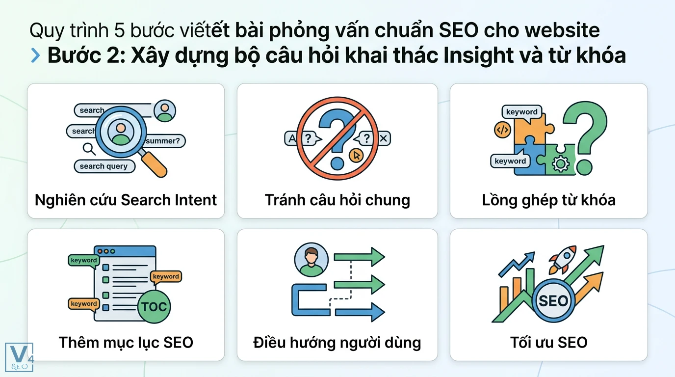 Cách Viết Bài Phỏng Vấn (Interview) SEO: Nâng Tầm E-E-A-T & Rich Snippets 2 Cách xây dựng bộ câu hỏi khai thác Insight và từ khóa qua nghiên cứu Search Intent, lồng ghép từ khóa và thêm mục lục SEO tối ưu trải nghiệm người dùng