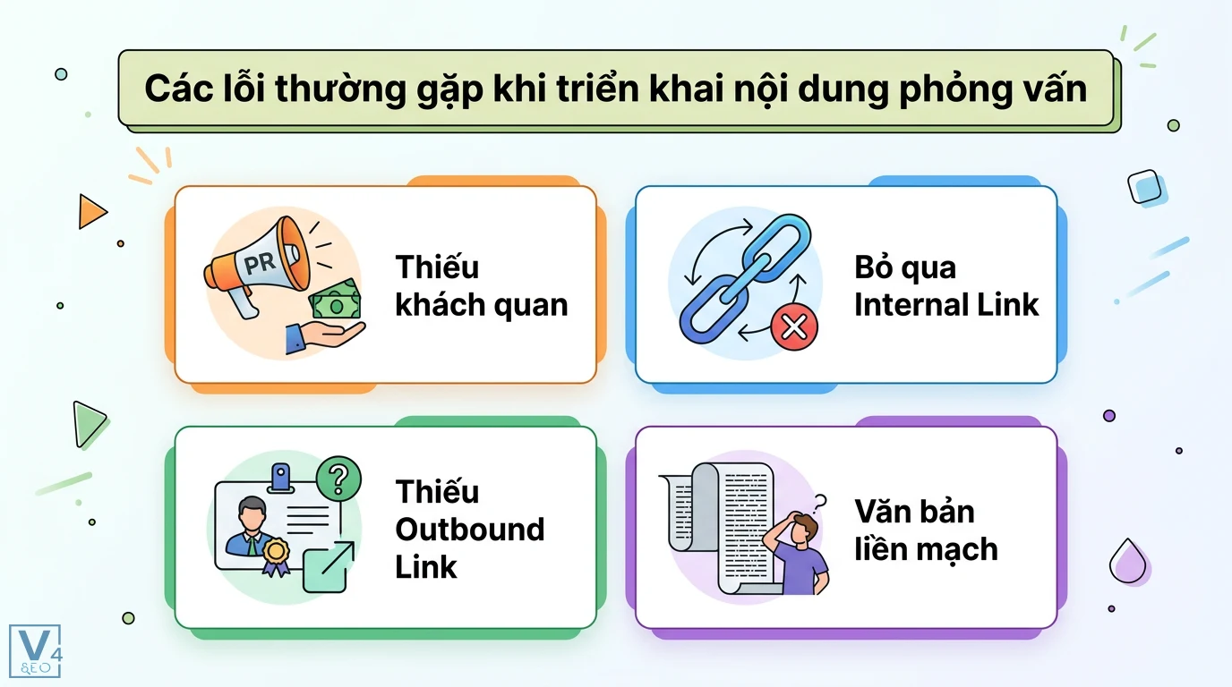 Cách Viết Bài Phỏng Vấn (Interview) SEO: Nâng Tầm E-E-A-T & Rich Snippets 3 Các lỗi thường gặp khi triển khai nội dung phỏng vấn gồm quảng cáo PR thiếu khách quan, bỏ qua Internal Link, thiếu Outbound Link và văn bản liền mạch