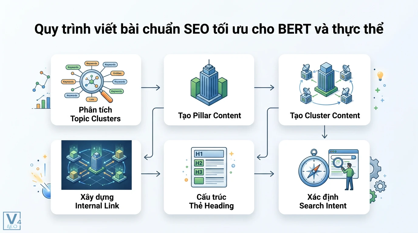 Cách viết bài SEO chuẩn theo bản cập nhật Google BERT và thực thể 1 Quy trình viết bài chuẩn SEO tối ưu cho BERT và thực thể gồm Topic Cluster, Pillar Content, Search Intent, thẻ Heading và Internal Link