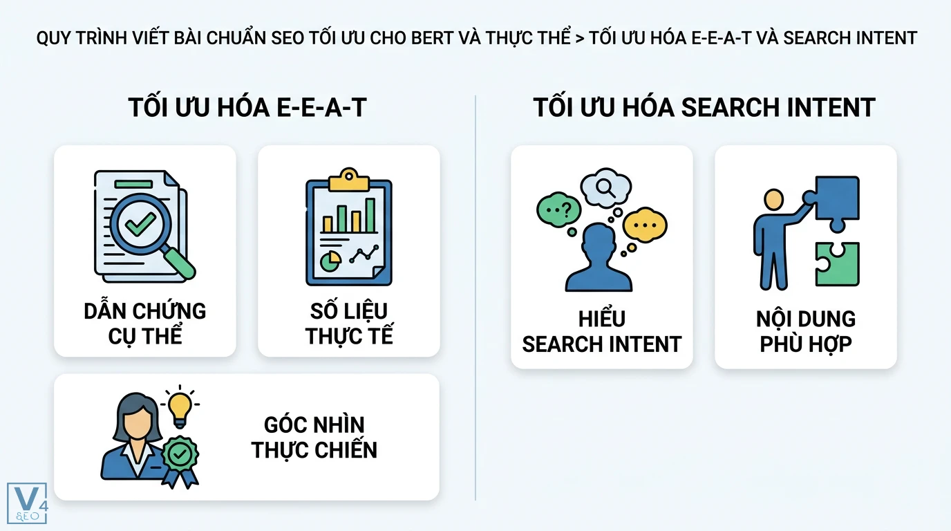 Cách viết bài SEO chuẩn theo bản cập nhật Google BERT và thực thể 2 Tối ưu hóa E-E-A-T bằng dẫn chứng cụ thể, số liệu thực tế, góc nhìn thực chiến và thấu hiểu Search Intent để tạo nội dung SEO chuẩn thực thể