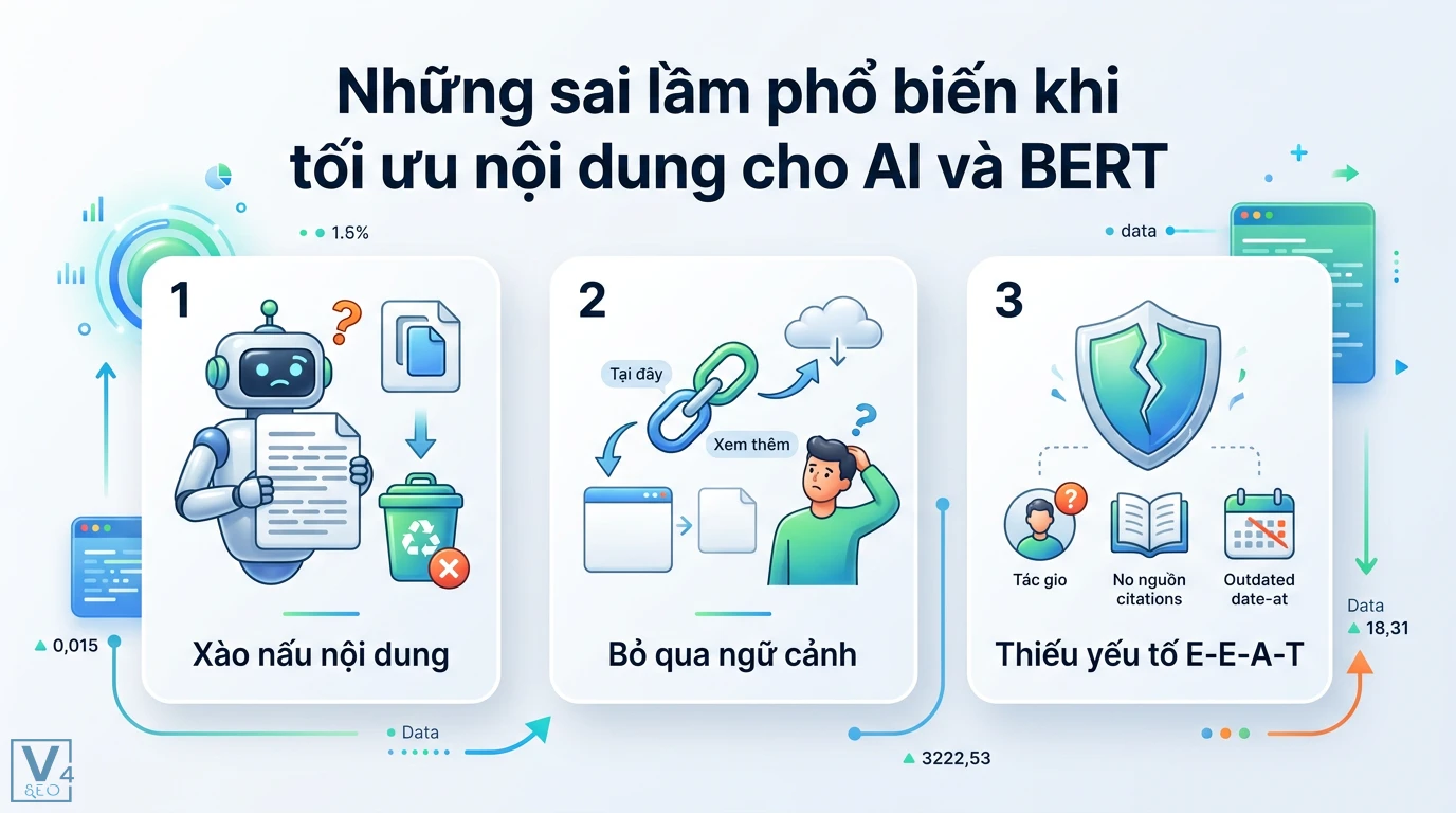 Cách viết bài SEO chuẩn theo bản cập nhật Google BERT và thực thể 3 Sai lầm tối ưu nội dung cho AI và BERT gồm xào nấu văn bản rỗng, dùng anchor text thiếu ngữ cảnh và thiếu hụt các chỉ số E-E-A-T tin cậy