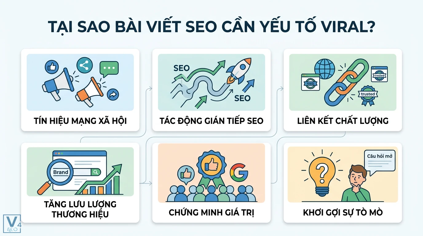 Cách viết bài SEO có yếu tố viral cao trên mạng xã hội bền vững 1 Yếu tố viral tăng tín hiệu mạng xã hội, liên kết chất lượng, lưu lượng thương hiệu, chứng minh giá trị và khơi gợi sự tò mò cho bài viết SEO