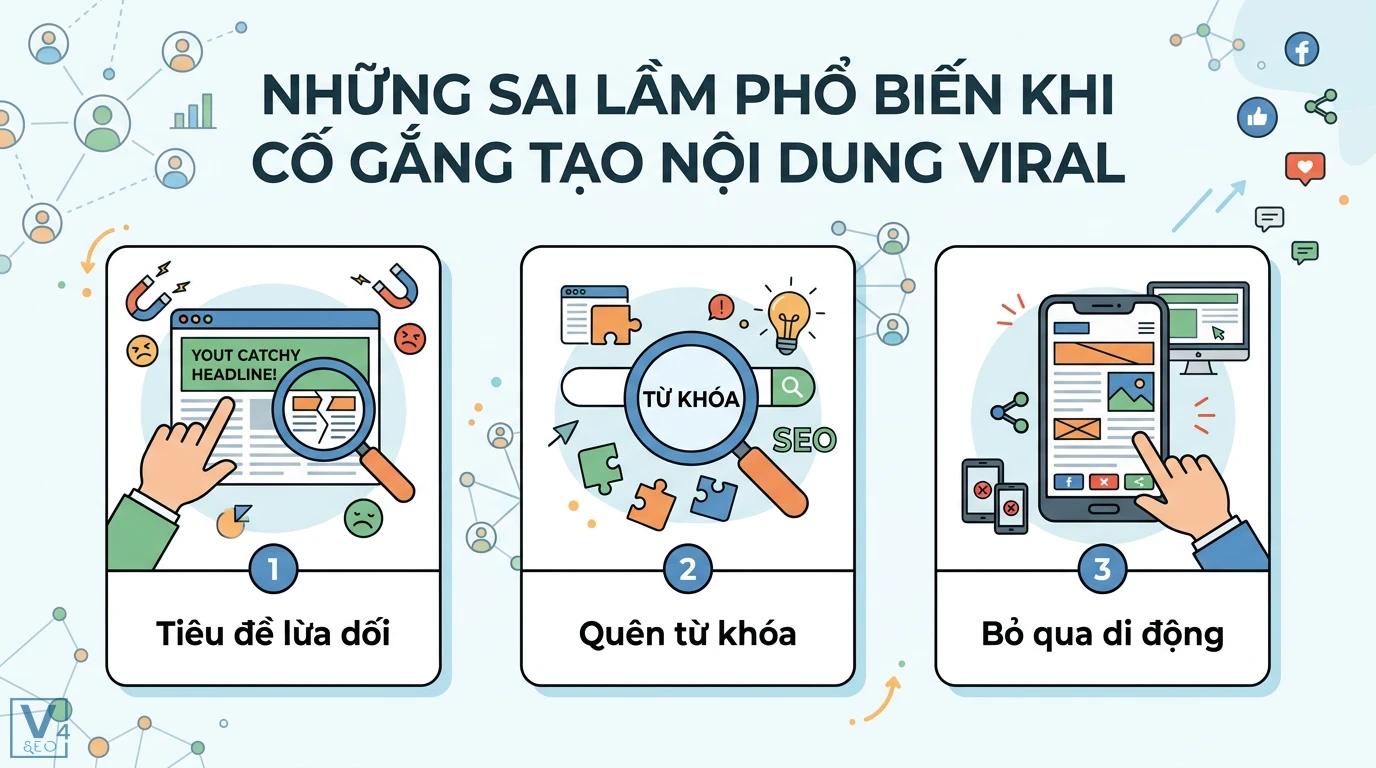 Cách viết bài SEO có yếu tố viral cao trên mạng xã hội bền vững 3 Những sai lầm khi tạo nội dung viral như tiêu đề lừa dối, bỏ quên từ khóa SEO và không tối ưu hóa hiển thị bài viết trên thiết bị di động