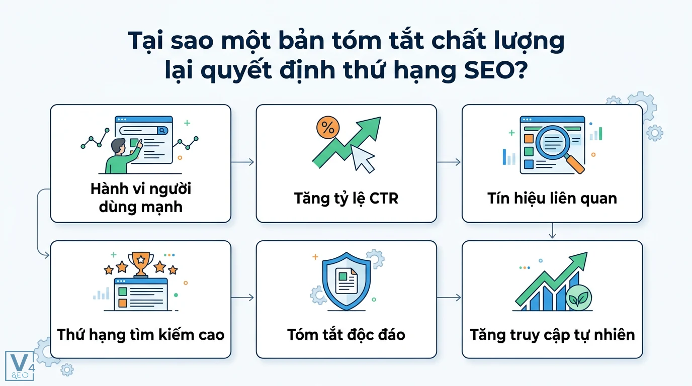 Cách viết bài tóm tắt (Summary) SEO: Công thức tăng 200% CTR 1 Bản tóm tắt chất lượng giúp tăng tỷ lệ CTR và tạo tín hiệu liên quan để cải thiện thứ hạng tìm kiếm cùng lưu lượng truy cập tự nhiên