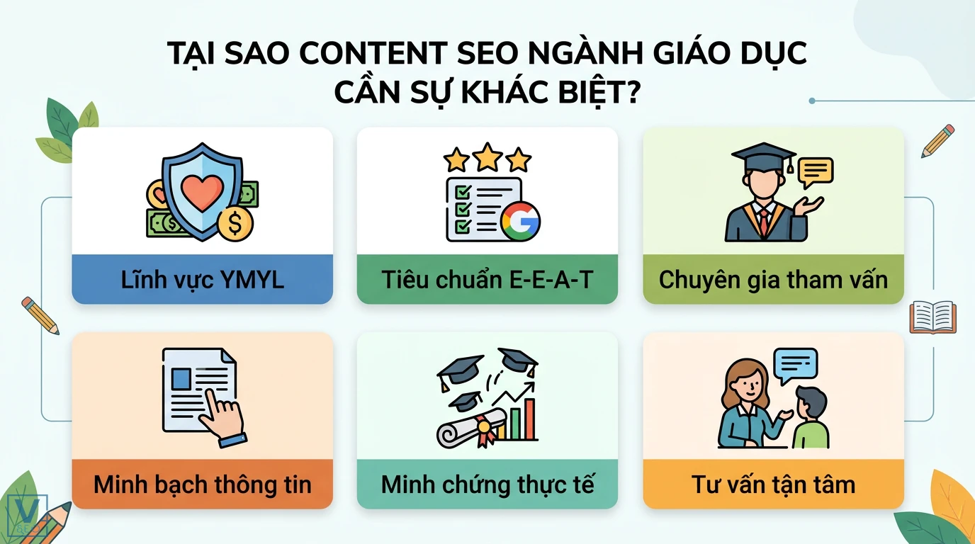 Cách viết Content SEO cho ngành giáo dục, đào tạo chuẩn E-E-A-T 1 Content SEO giáo dục khác biệt qua tiêu chuẩn E-E-A-T, YMYL, chuyên gia tham vấn, minh bạch thông tin, minh chứng thực tế, tư vấn tận tâm