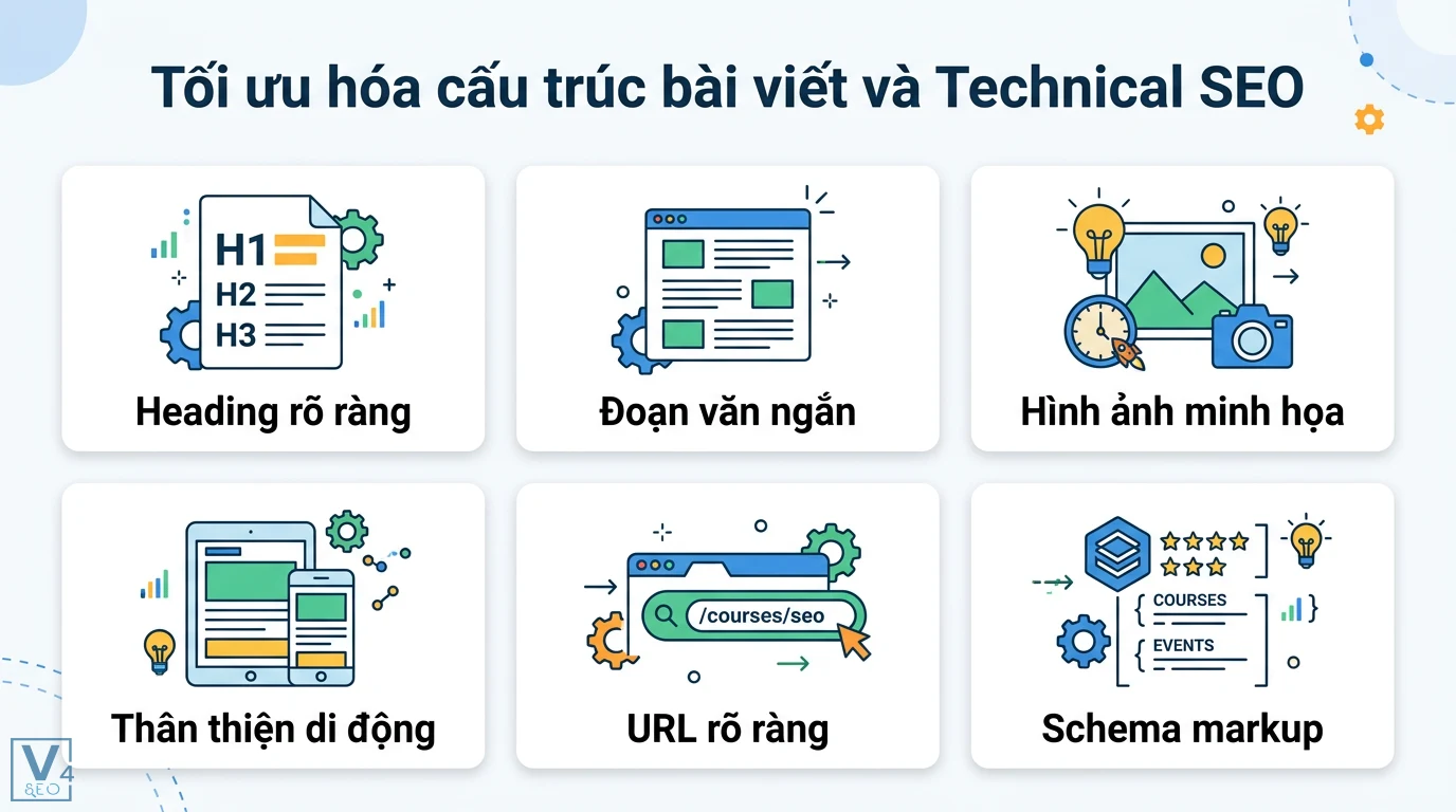 Cách viết Content SEO cho ngành giáo dục, đào tạo chuẩn E-E-A-T 2 Tối ưu cấu trúc bài viết và Technical SEO qua thẻ heading, đoạn văn ngắn, di động, URL rõ ràng và schema markup khóa học, sự kiện