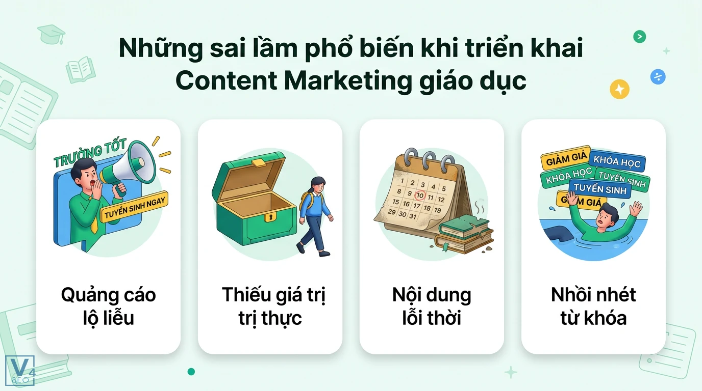 Cách viết Content SEO cho ngành giáo dục, đào tạo chuẩn E-E-A-T 3 Sai lầm Content Marketing giáo dục gồm quảng cáo lộ liễu, thiếu giá trị thực, nội dung lỗi thời và nhồi nhét từ khóa gây ảnh hưởng xấu tới SEO