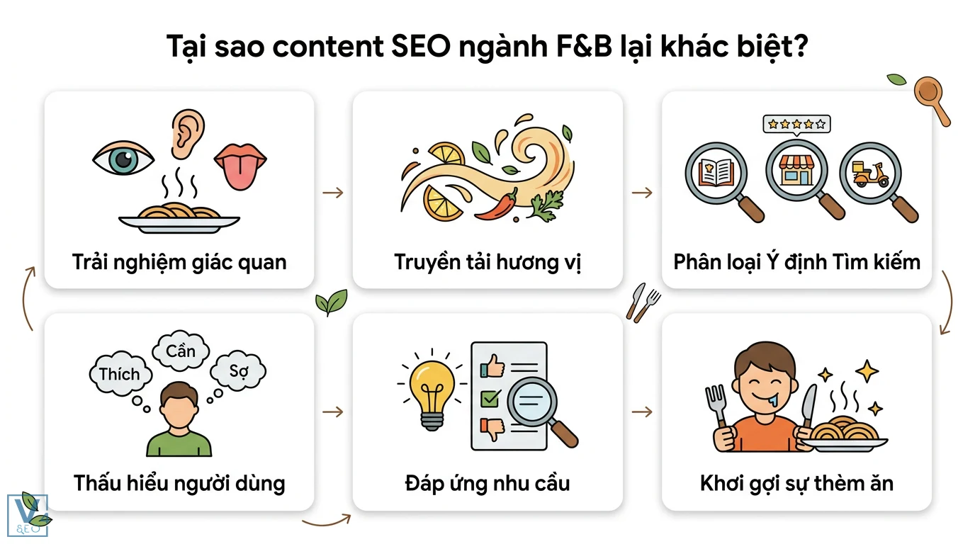Cách viết Content SEO cho ngành thực phẩm và đồ uống chuẩn vị SEO 1 Đặc trưng content SEO ngành F&B qua trải nghiệm giác quan, truyền tải hương vị, phân loại Search Intent, thấu hiểu người dùng và khơi gợi thèm ăn