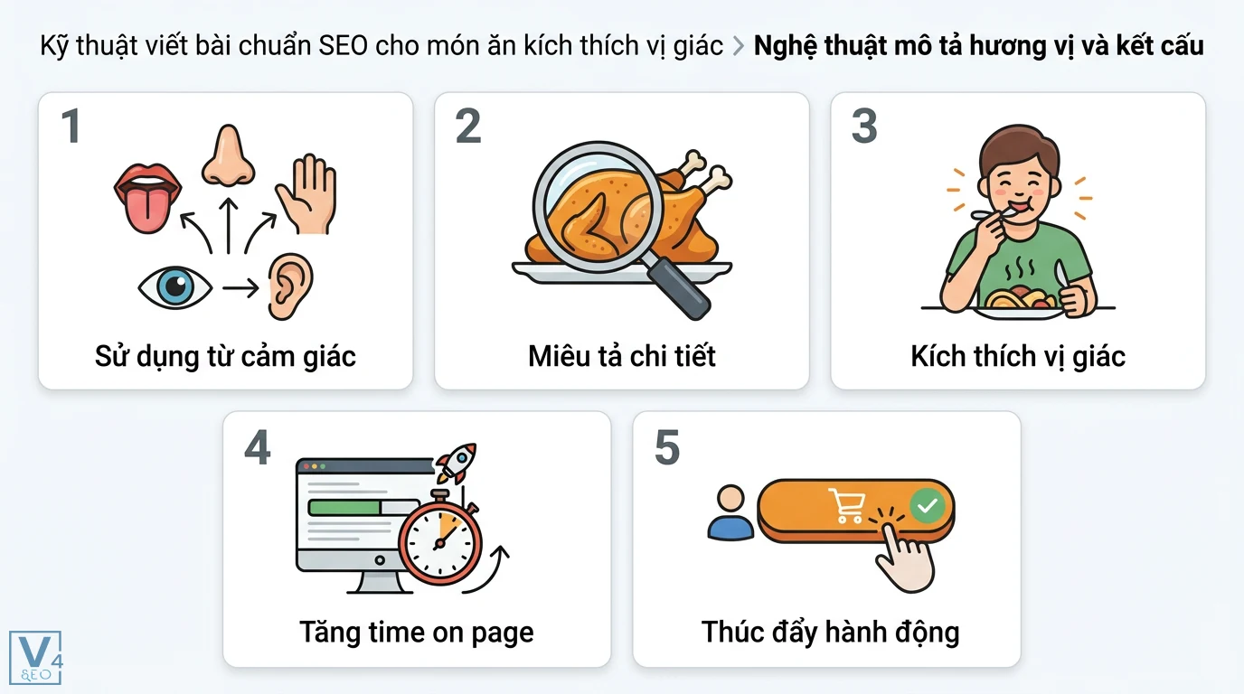 Cách viết Content SEO cho ngành thực phẩm và đồ uống chuẩn vị SEO 2 Kỹ thuật miêu tả chi tiết hương vị món ăn bằng từ cảm giác giúp kích thích vị giác, tăng time on page và thúc đẩy hành động chuyển đổi