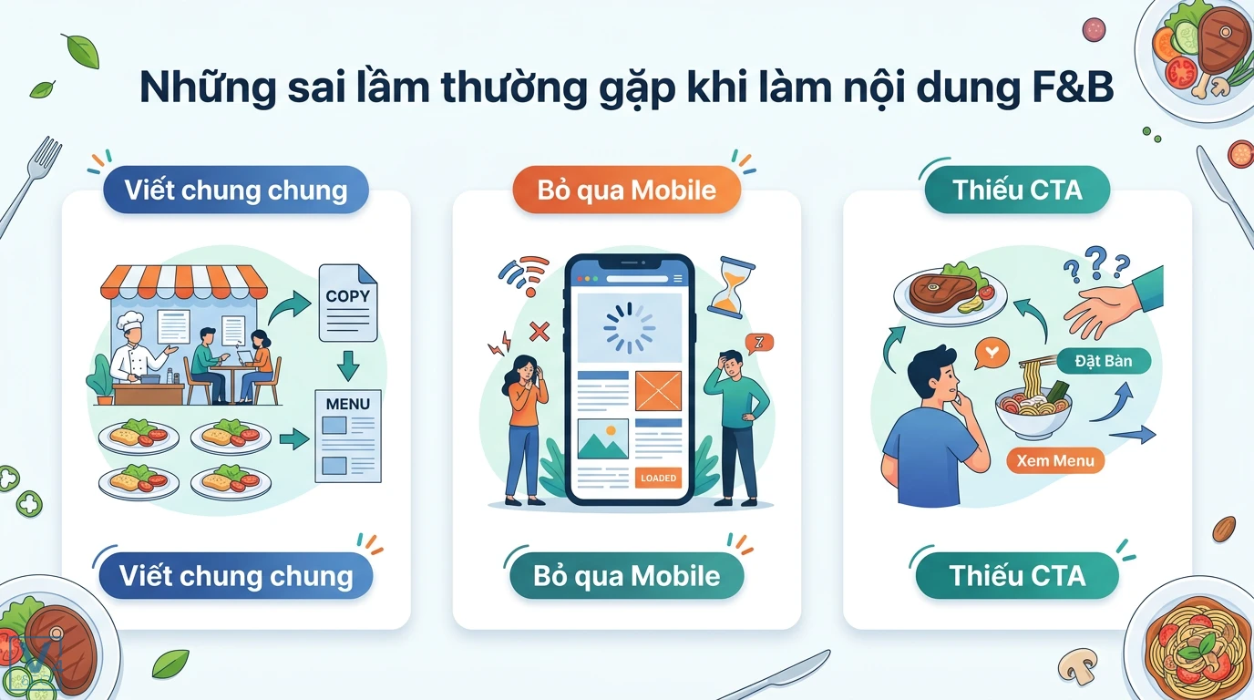 Cách viết Content SEO cho ngành thực phẩm và đồ uống chuẩn vị SEO 3 Sai lầm thường gặp khi làm nội dung F&B như viết bài chung chung, bỏ qua tối ưu di động và thiếu CTA đặt bàn hoặc xem menu