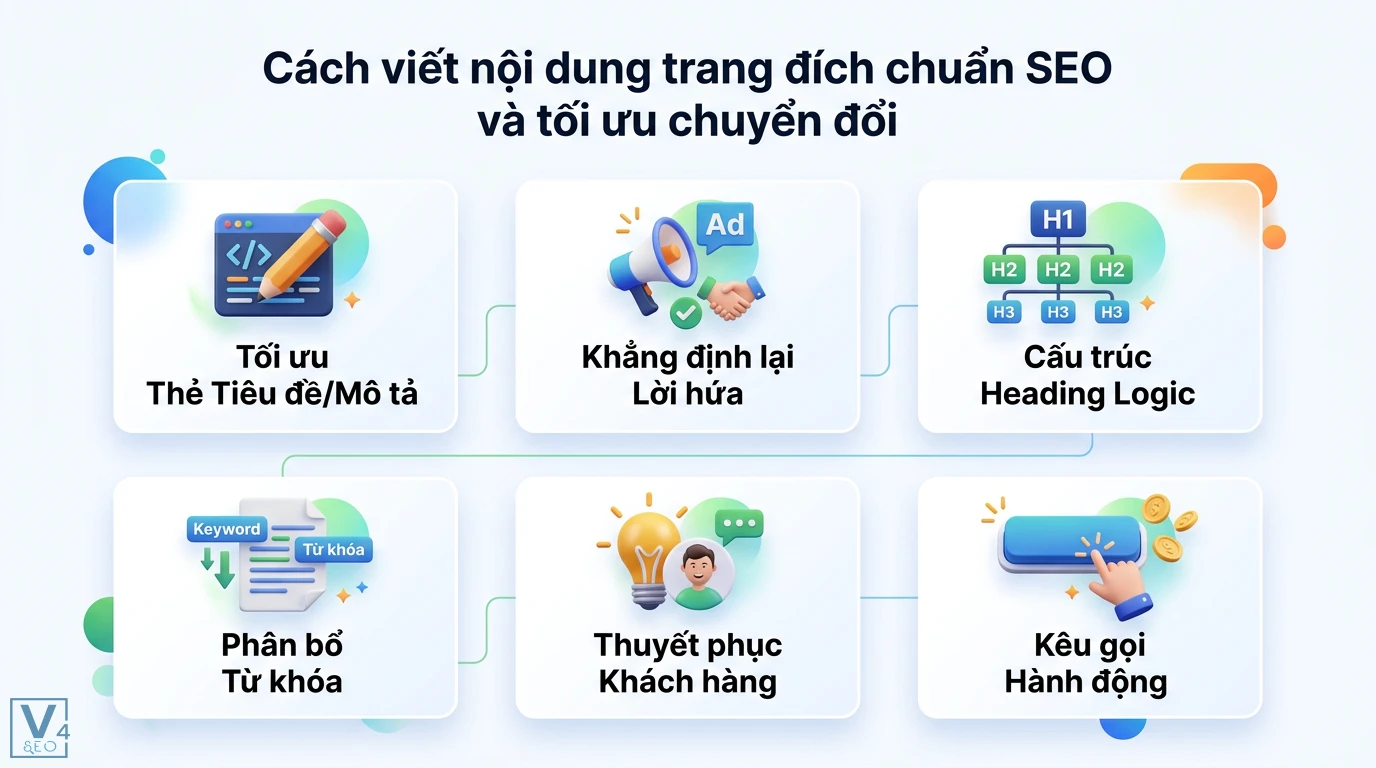 Cách viết nội dung SEO để hỗ trợ chiến dịch Google Ads tối ưu 1 Cách viết nội dung trang đích chuẩn SEO và tối ưu chuyển đổi qua việc tối ưu tiêu đề, cấu trúc Heading logic, phân bổ từ khóa và kêu gọi hành động