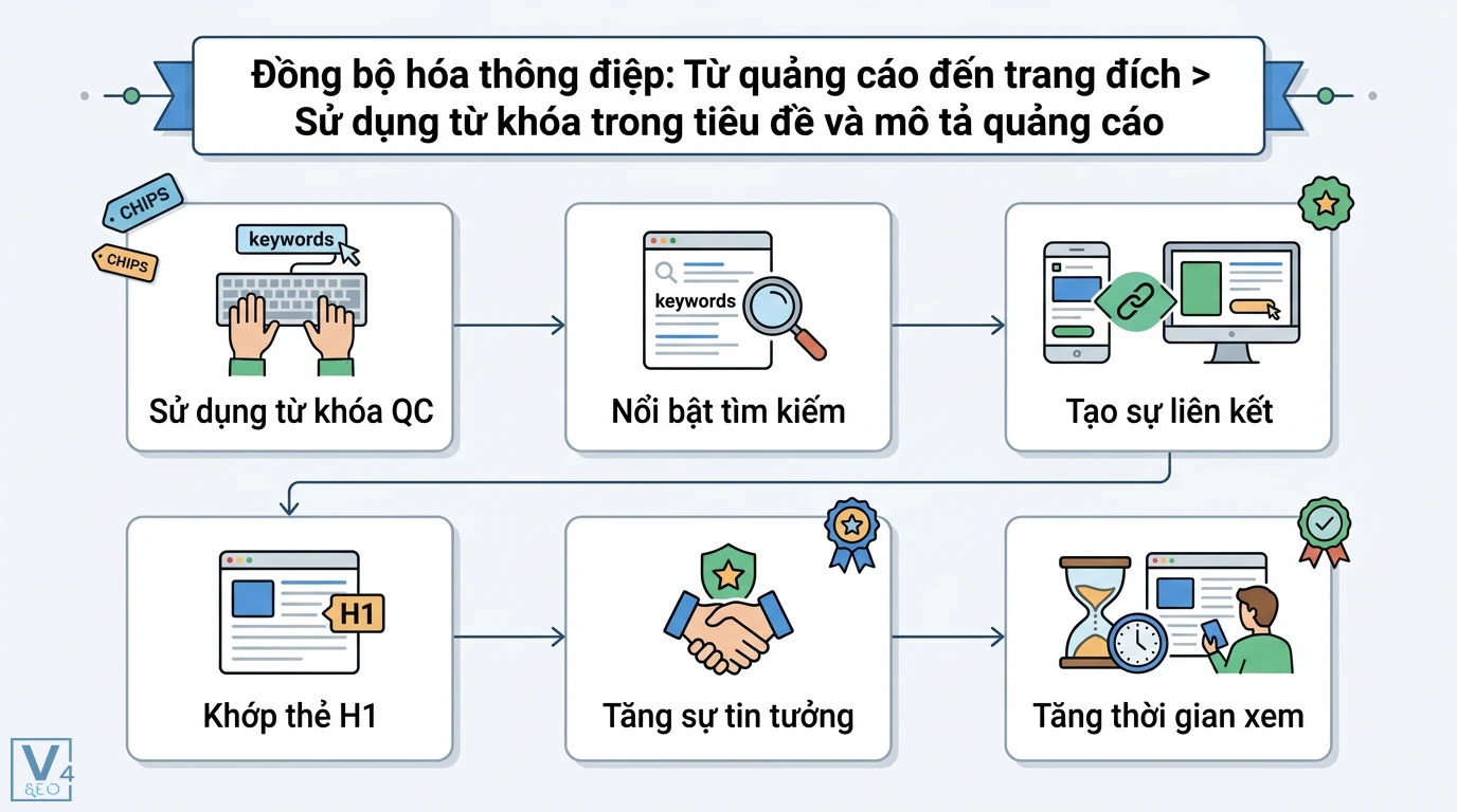 Cách viết nội dung SEO để hỗ trợ chiến dịch Google Ads tối ưu 2 Đồng bộ từ khóa quảng cáo và thẻ H1 trang đích giúp tạo sự liên kết tăng mức độ tin tưởng và tối ưu thời gian người dùng ở lại website