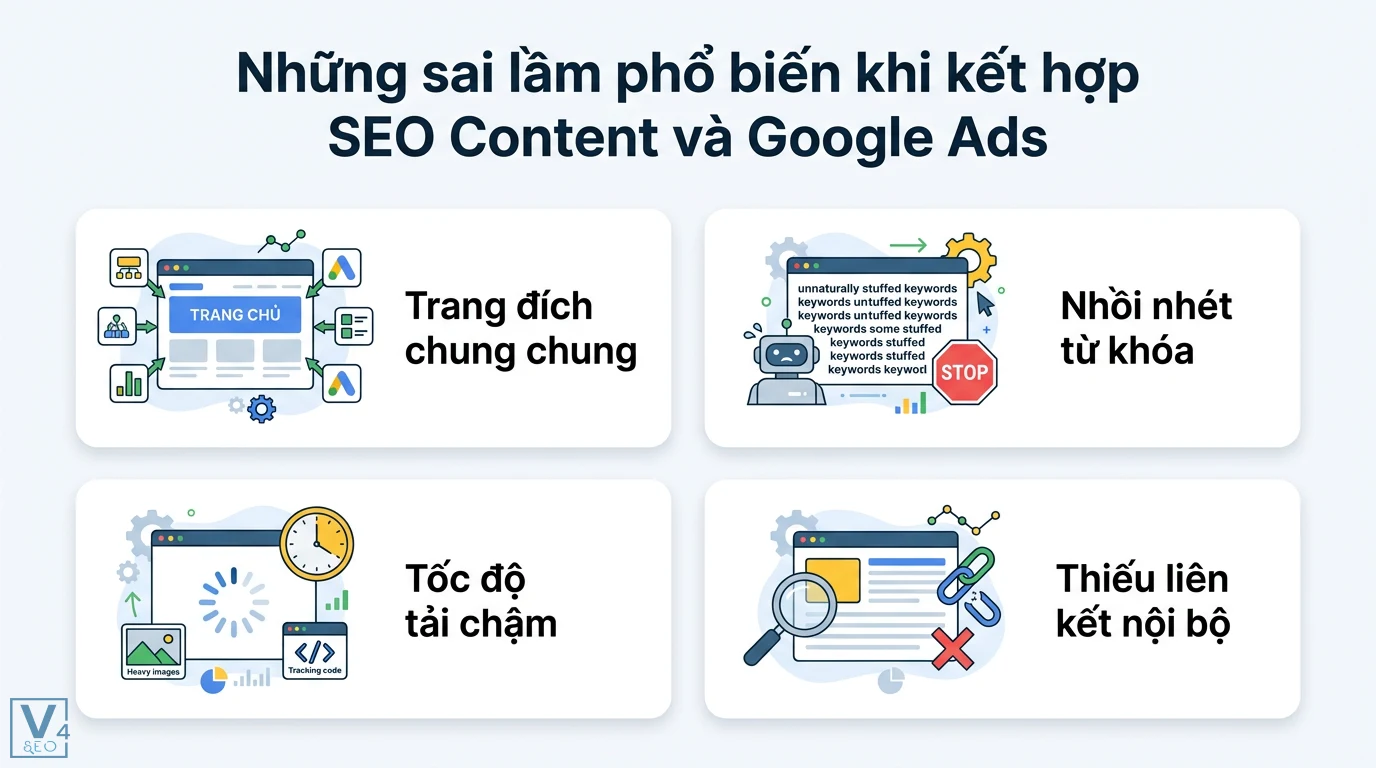 Cách viết nội dung SEO để hỗ trợ chiến dịch Google Ads tối ưu 3 Sai lầm khi kết hợp SEO Content và Google Ads gồm trang đích chung chung, nhồi nhét từ khóa, tốc độ tải chậm và thiếu liên kết nội bộ