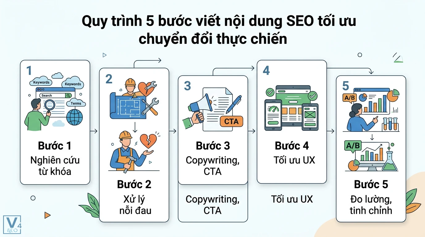 Cách viết nội dung SEO tối ưu chuyển đổi (CRO): Thực chiến với AI 1 Quy trình 5 bước viết nội dung SEO tối ưu chuyển đổi thực chiến gồm nghiên cứu từ khóa, xử lý nỗi đau, copywriting CTA, tối ưu UX và đo lường