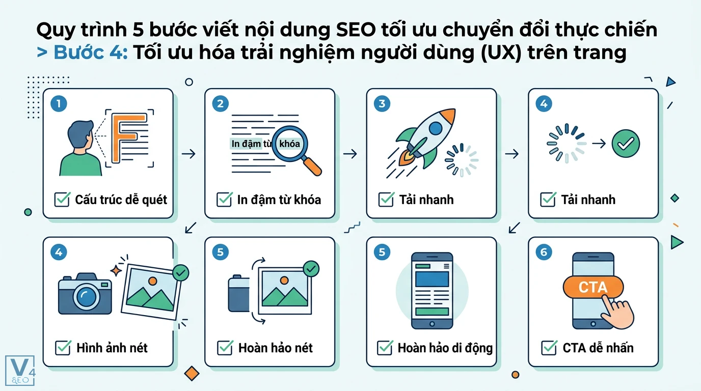 Cách viết nội dung SEO tối ưu chuyển đổi (CRO): Thực chiến với AI 2 Tối ưu trải nghiệm người dùng UX qua cấu trúc dễ quét, in đậm từ khóa, tốc độ tải nhanh, hiển thị sắc nét và nút CTA dễ bấm trên di động