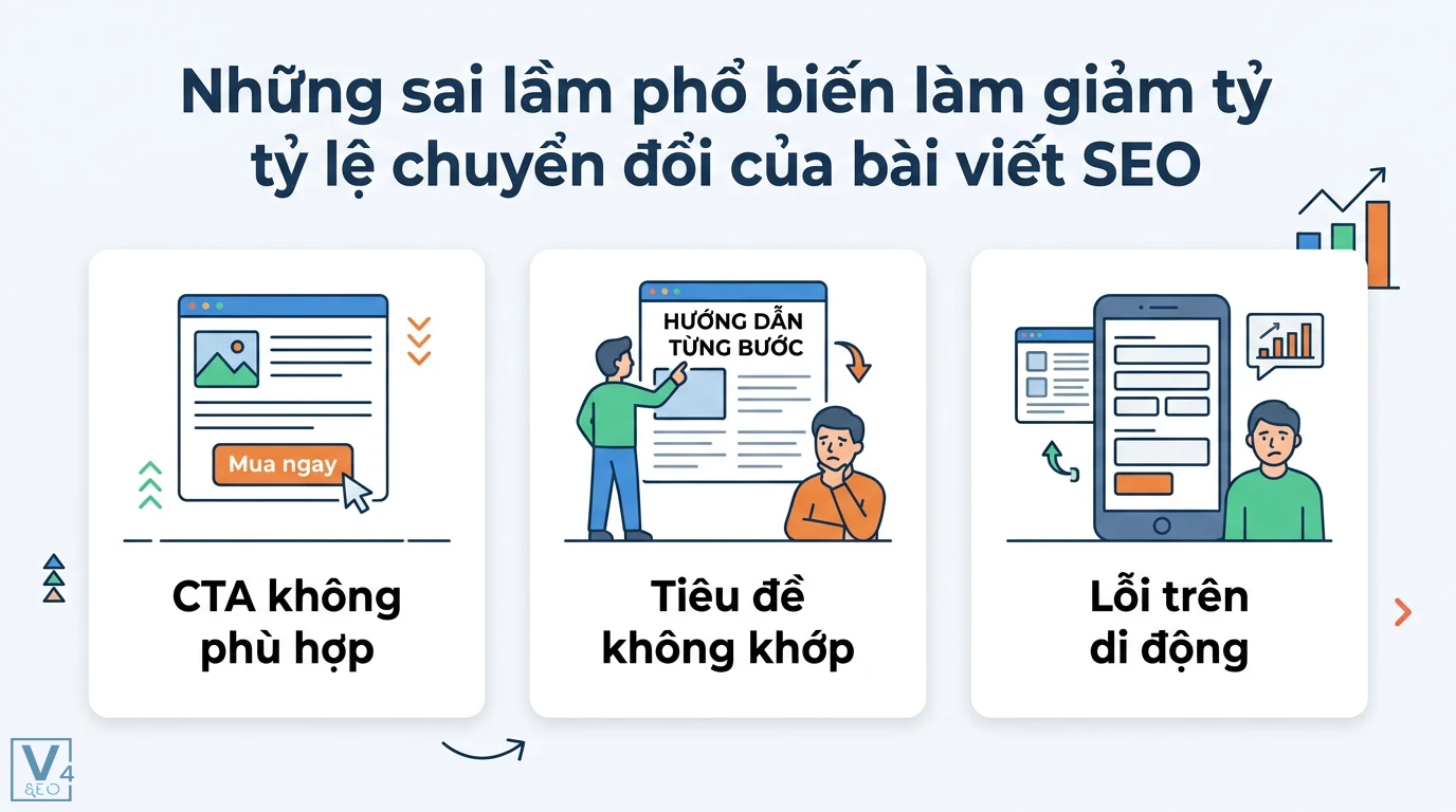 Cách viết nội dung SEO tối ưu chuyển đổi (CRO): Thực chiến với AI 3 Sai lầm làm giảm tỷ lệ chuyển đổi bài viết SEO như dùng CTA không phù hợp, tiêu đề không khớp nội dung và tối ưu hóa di động kém hiệu quả