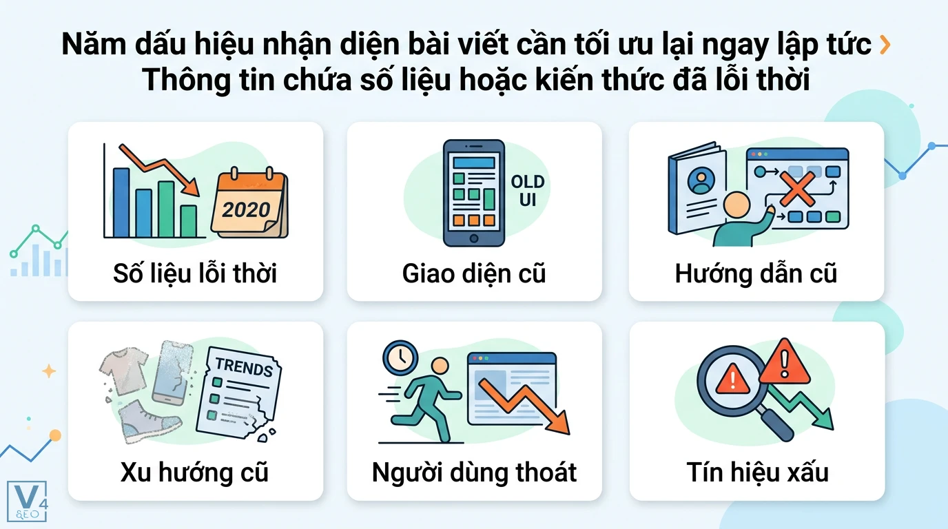 Cách xác định nội dung nào cần cập nhật và tối ưu lại chuẩn 2026 2 Số liệu lỗi thời, giao diện, hướng dẫn và xu hướng cũ làm tăng tỷ lệ thoát trang, gửi tín hiệu xấu cho Google cần tối ưu bài viết