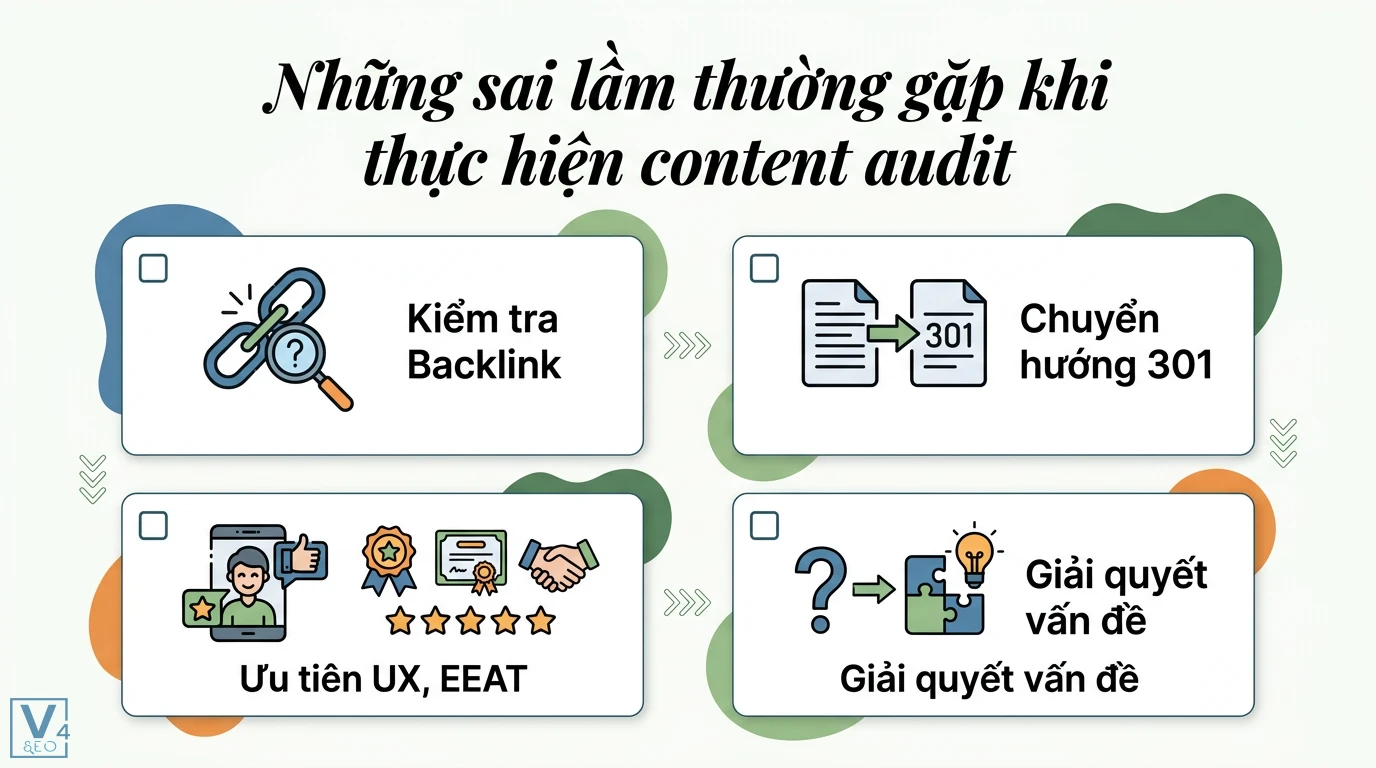 Cách xác định nội dung nào cần cập nhật và tối ưu lại chuẩn 2026 3 Khắc phục sai lầm khi content audit bằng cách kiểm tra backlink, chuyển hướng 301, ưu tiên UX, EEAT và giải quyết vấn đề