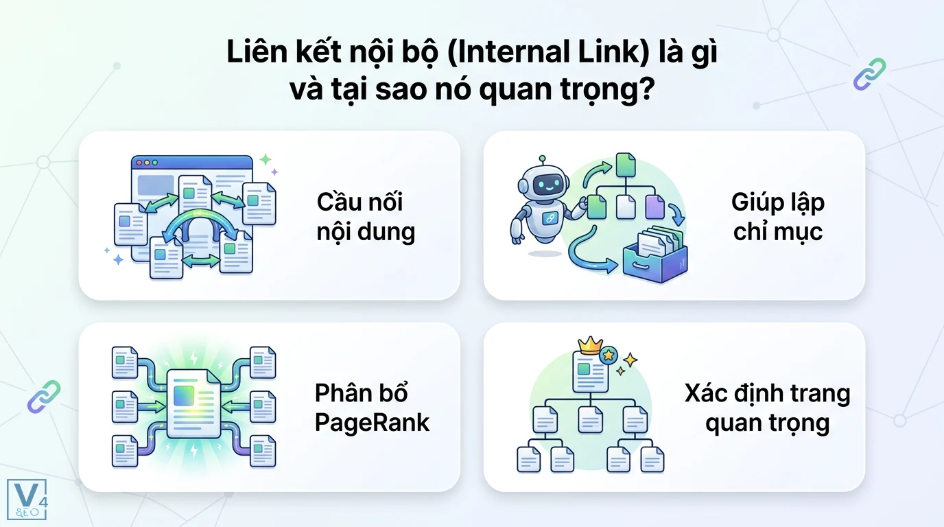Cách xây dựng liên kết nội bộ mạnh mẽ cho bài viết SEO chuẩn Silo 1 Liên kết nội bộ làm cầu nối nội dung, hỗ trợ lập chỉ mục, phân bổ sức mạnh PageRank và xác định các trang quan trọng nhất trên website