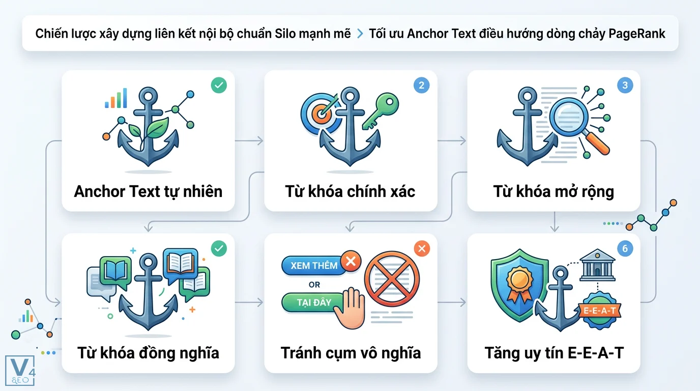 Cách xây dựng liên kết nội bộ mạnh mẽ cho bài viết SEO chuẩn Silo 2 Tối ưu Anchor Text tự nhiên bằng từ khóa chính xác và LSI giúp điều hướng dòng chảy PageRank chuẩn Silo đồng thời nâng cao uy tín E-E-A-T