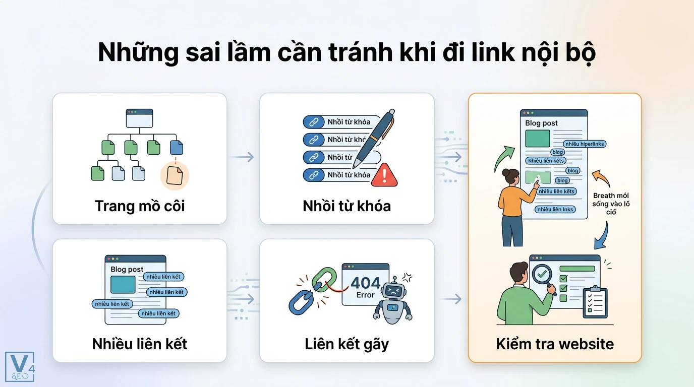 Cách xây dựng liên kết nội bộ mạnh mẽ cho bài viết SEO chuẩn Silo 3 Sai lầm đi link nội bộ gồm trang mồ côi, nhồi từ khóa, nhiều liên kết, liên kết gãy và quy trình kiểm tra website định kỳ để tối ưu hóa SEO