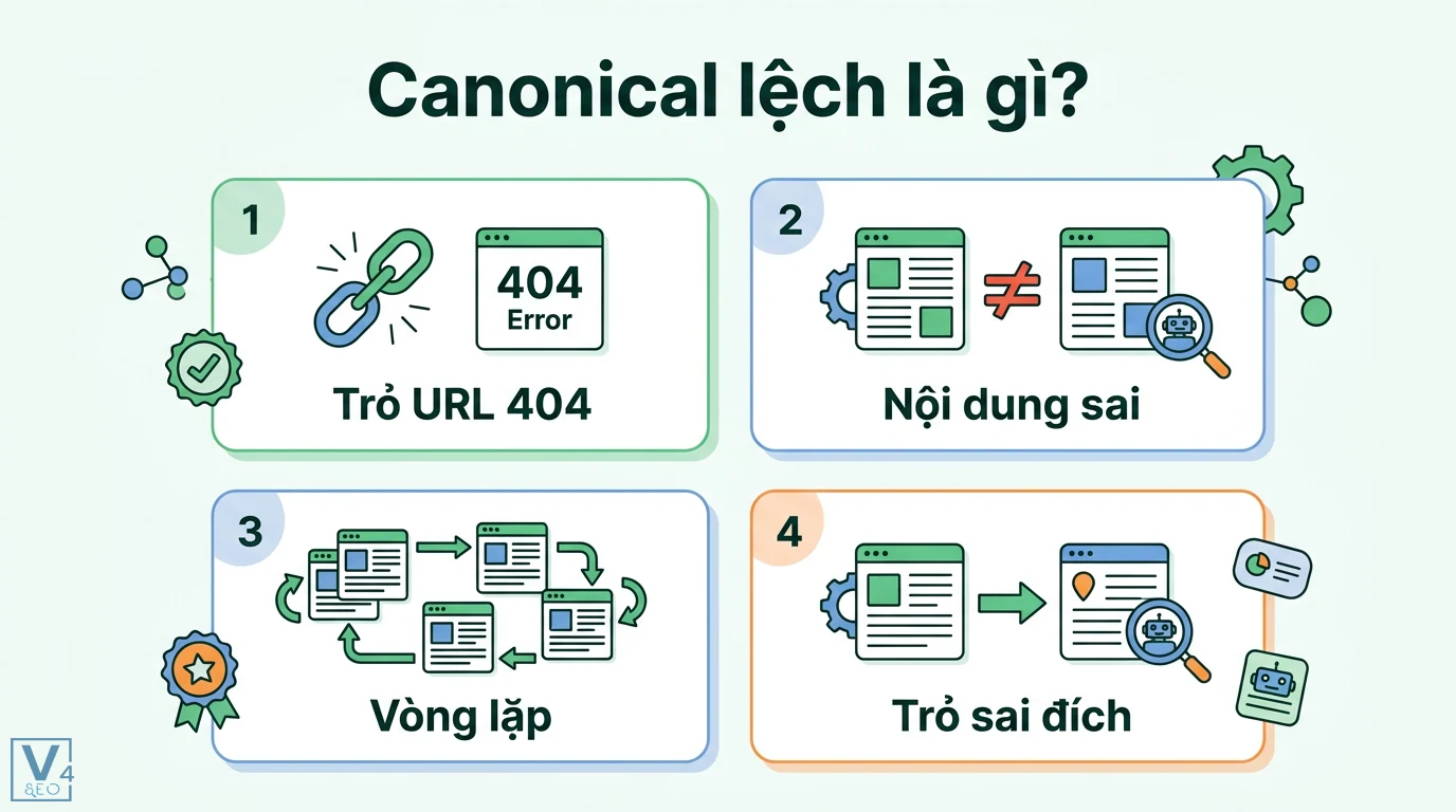 Canonical lệch là gì? Cách xử lý lỗi từ Google Search Console 1 Canonical lệch bao gồm các lỗi trỏ URL 404, nội dung không tương đương, tạo vòng lặp hoặc trỏ sai đích ảnh hưởng đến việc lập chỉ mục