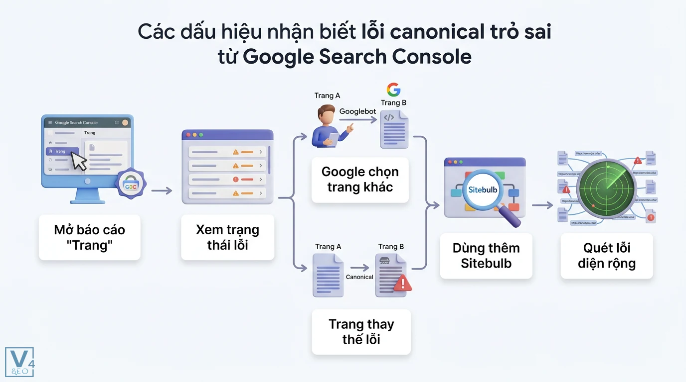 Canonical lệch là gì? Cách xử lý lỗi từ Google Search Console 2 Quy trình nhận biết lỗi canonical trỏ sai từ báo cáo Trang của Google Search Console và dùng Sitebulb để quét lỗi lập chỉ mục diện rộng